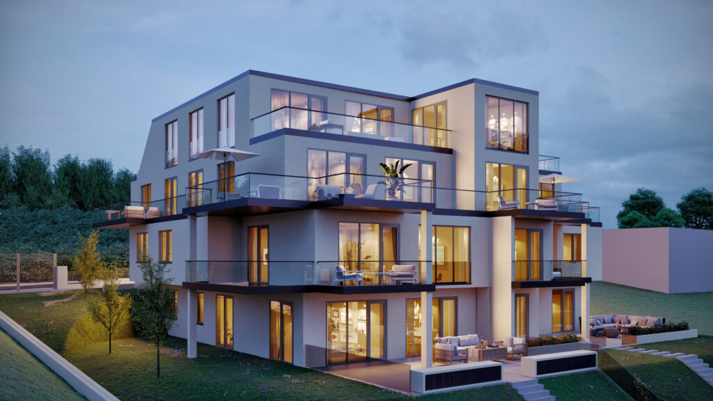 Wohnhaus bei Nacht als Rendering