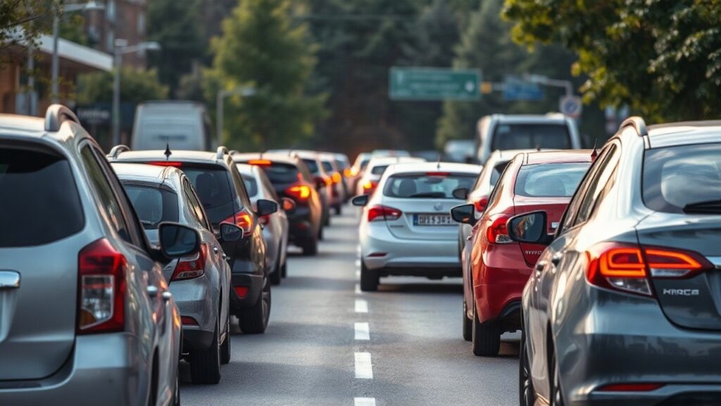 Stau auf einer Autobahn in Nordrhein-Westfalen zeigt den dichten Verkehr zum Ferienstart NRW Stau am Wochenende – Symbolbild, KI-erzeugt