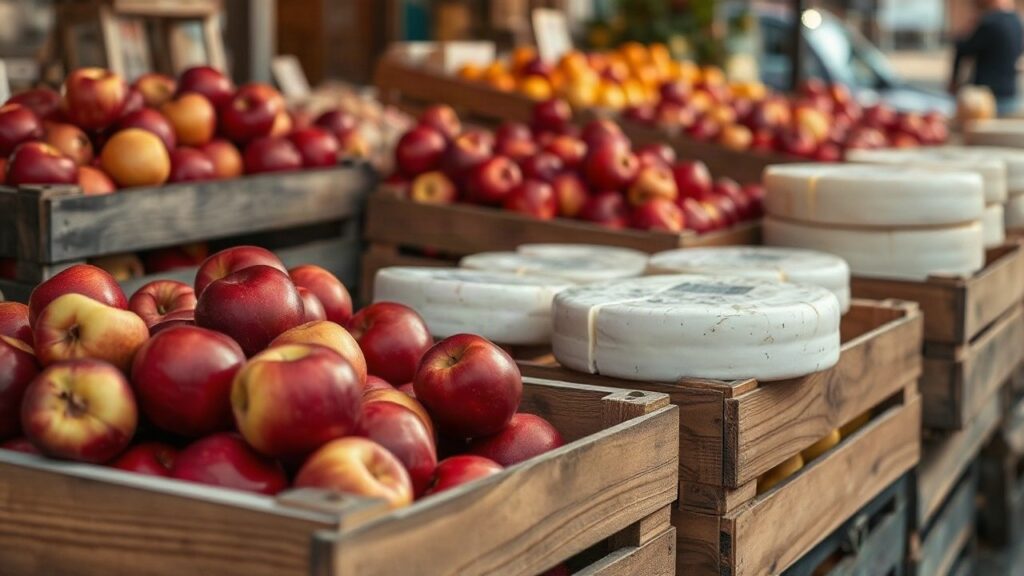 Holzkisten mit frischen Äpfeln und Käselaiben stehen auf einem Marktstand und stehen sinnbildlich für die wachsenden Lebensmittelexporte Österreichs – Symbolbild, KI-erzeugt