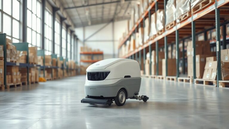 a white autonomous floor-scrubbing robot moving through a clean industrial warehouse aisle, shelves with boxes in the background, bright morning light through high windows, no peop – Symbolbild, KI-erzeugt