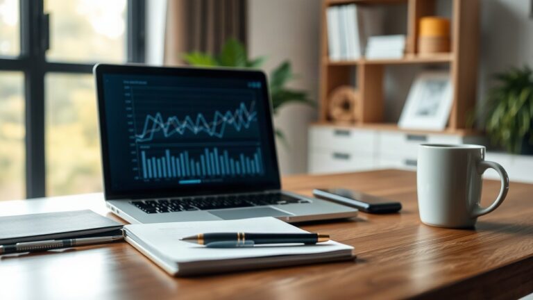 A close-up of a desk in a modern home office with a laptop showing abstract line charts, a notebook, a pen and a cup of coffee, soft morning light coming through a window, no peopl – Symbolbild, KI-erzeugt