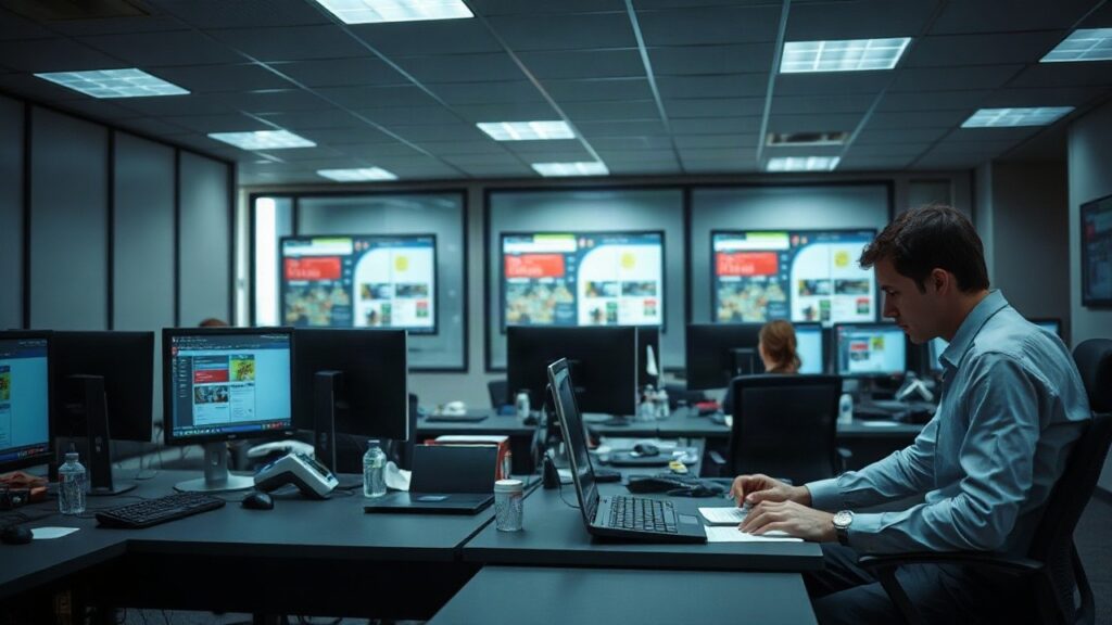 Ein ruhiges Redaktionsbüro mit Monitoren, Nachrichtenticker und Schreibtischen im Querformat 16:9, keine erkennbaren Personen, nur anonyme Hände an der Tastatur, gedämpftes profess – Symbolbild, KI-erzeugt