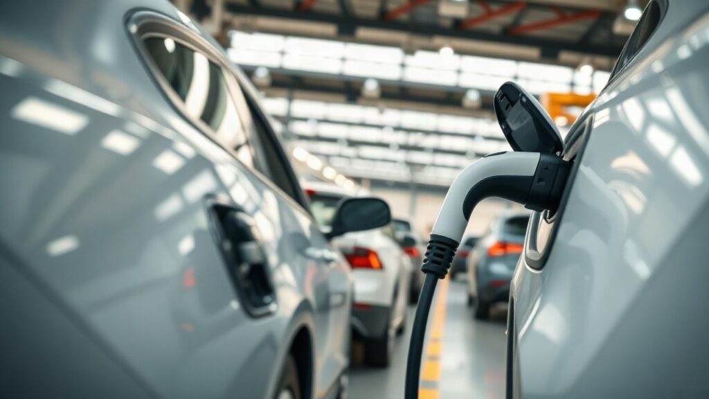 A modern automotive factory assembly line interior, close-up on an electric vehicle charging cable plugged into a car, soft industrial daylight through large windows, no people, no – Symbolbild, KI-erzeugt