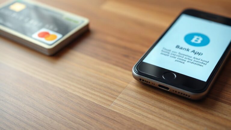 Ein Smartphone mit Banking-App liegt neben einer Bankkarte auf einem Tisch, sinnbildlich für eine Betrugsmasche am Konto – Symbolbild, KI-erzeugt