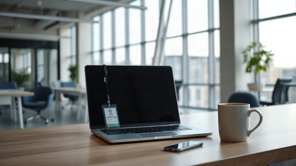 Ein leerer Büroschreibtisch mit Laptop und Mitarbeiterausweis symbolisiert die BMW Abfindung im indirekten Unternehmensbereich – Symbolbild, KI-erzeugt