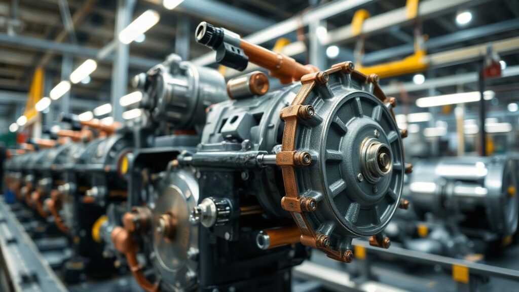 Nahaufnahme einer Produktionslinie für Elektromotoren-Komponenten, wie sie BMW künftig auch im Werk Steyr fertigen will – Symbolbild, KI-erzeugt
