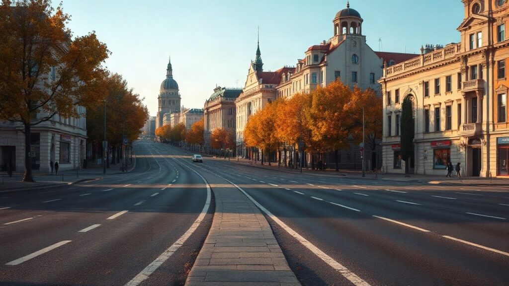Die leere Ringstraße in Wien während der Sperre des Wiener Rings zeigt den Verkehr wie er still steht – Symbolbild, KI-erzeugt