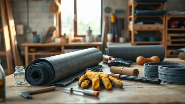 A close-up of a construction and waterproofing workshop, with sealing membrane rolls, tools and work gloves on a wooden workbench, soft daylight coming through a workshop window, n – Symbolbild, KI-erzeugt
