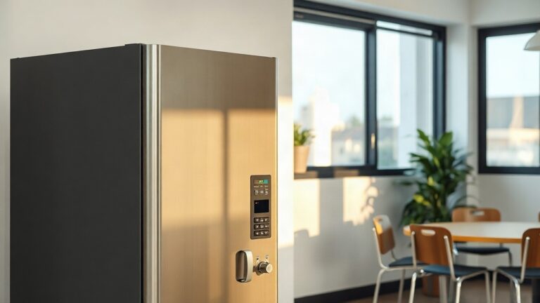 A modern stainless steel coffee vending machine in a bright office break room, close-up, clean lines, soft morning light through a window, no people, no text visible, landscape ori – Symbolbild, KI-erzeugt