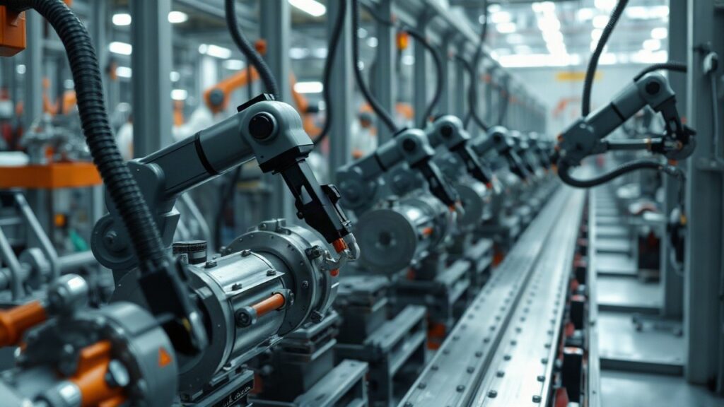 Produktionslinie in einer deutschen Fabrik, die den wachsenden China Exportdruck auf die Industrie symbolisiert – Symbolbild, KI-erzeugt