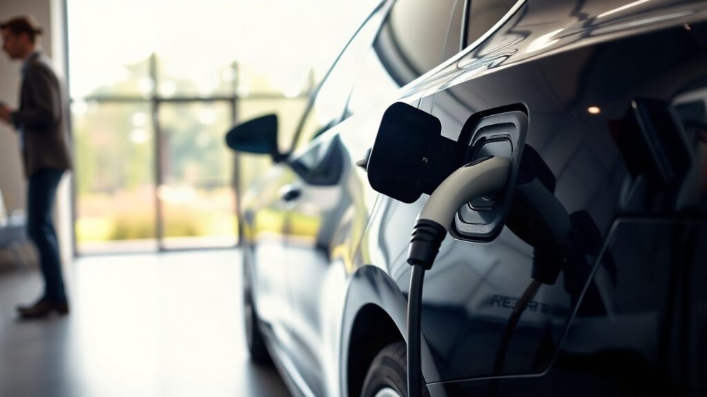 Ladeanschluss eines modernen Elektroautos in einem hellen Showroom, sinnbildlich für den wachsenden Markt chinesischer Autos in Deutschland – Symbolbild, KI-erzeugt