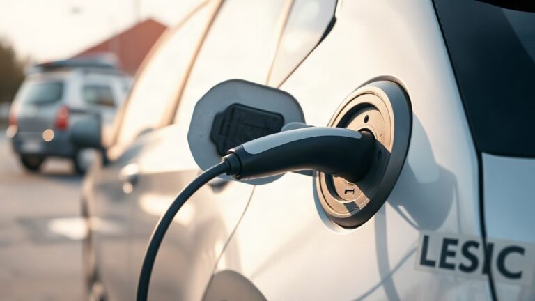 Ladekabel steckt im Ladeanschluss eines kompakten günstigen E-Autos im Tageslicht – Symbolbild, KI-erzeugt