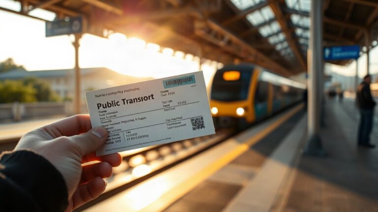 A close-up of a hand holding a public transport ticket at a train station platform, soft morning light, blurred regional train in the background, no text visible, horizontal 16:9 c – Symbolbild, KI-erzeugt