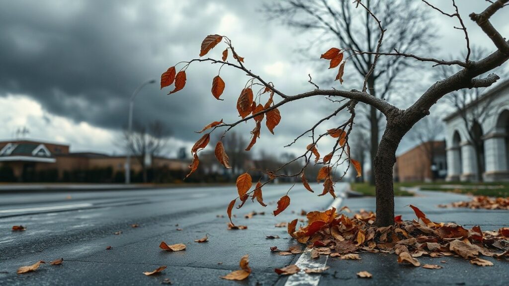 Sturmböen biegen einen Ast über einer nassen Straße, während dunkle Wolken die Sturmwarnung in Deutschland ankündigen – Symbolbild, KI-erzeugt