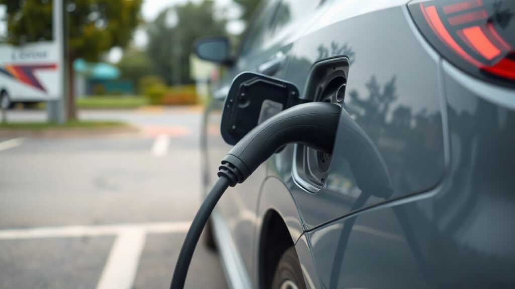 Ladekabel steckt in einem Hybridauto auf einem Händlerparkplatz, sinnbildlich für den begrenzten Hybridauto-Import aus China – Symbolbild, KI-erzeugt