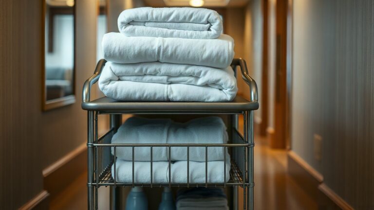 Ein Reinigungswagen mit Handtüchern in einem Hotelflur steht sinnbildlich für die Finanzpolizei-Kontrolle im Hotel – Symbolbild, KI-erzeugt