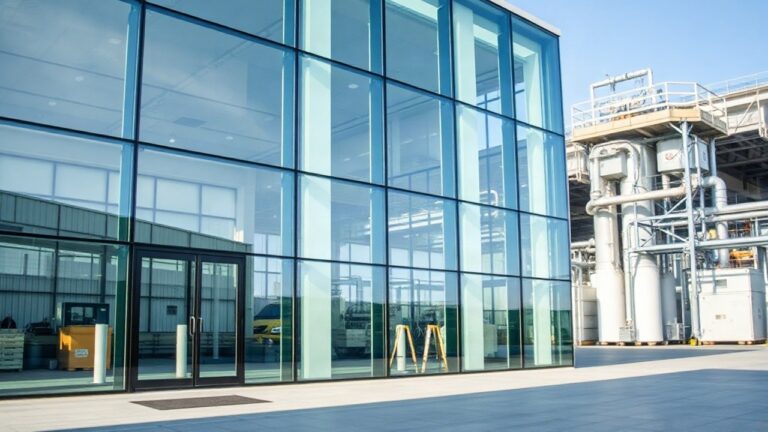 Moderne Glasfassade des neuen Forschungscampus Klagenfurt mit transparenter Architektur im Tageslicht – Symbolbild, KI-erzeugt