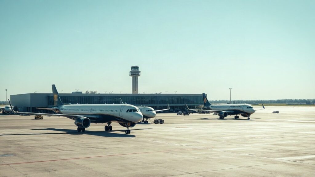 Rollfeld und Tower des Flughafens Venedig bei Tageslicht, passend zum Flughafen-Venedig-Rekord bei den Flugbewegungen – Symbolbild, KI-erzeugt