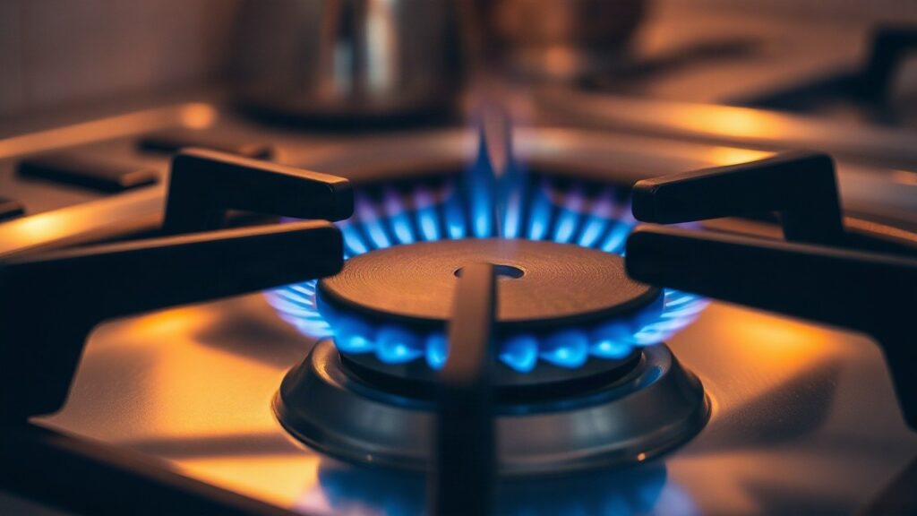 Eine Gasflamme auf einem Herd symbolisiert, dass der Gaspreis steigt und Heizkosten für Haushalte teurer werden – Symbolbild, KI-erzeugt