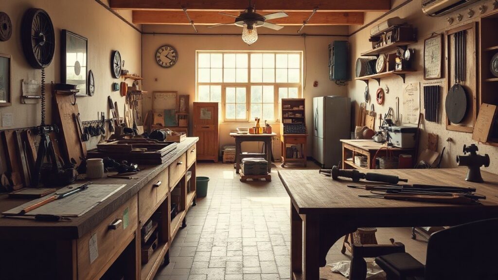 A small cooperative workshop interior, wide shot, wooden workbenches, tools neatly arranged, warm morning light through a large window, no people visible or only hands working at a – Symbolbild, KI-erzeugt