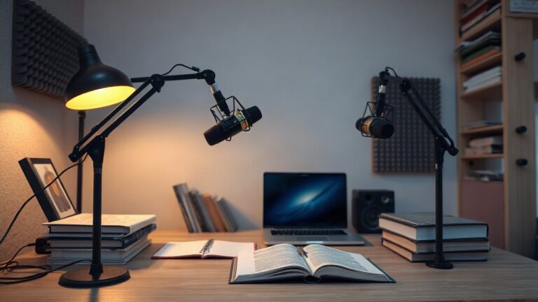 A small home podcast recording studio desk at dusk, two professional microphones on boom arms facing each other, soft warm desk lamp light, open notebooks and history books stacked – Symbolbild, KI-erzeugt