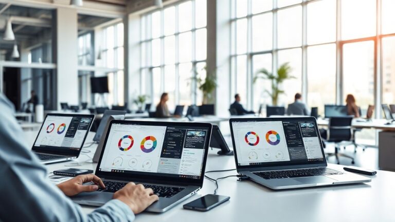 A modern open-plan tech office with laptops showing abstract dashboard graphics on desks, soft daylight through large windows, no people's faces visible, wide shot, 16:9 landscape – Symbolbild, KI-erzeugt