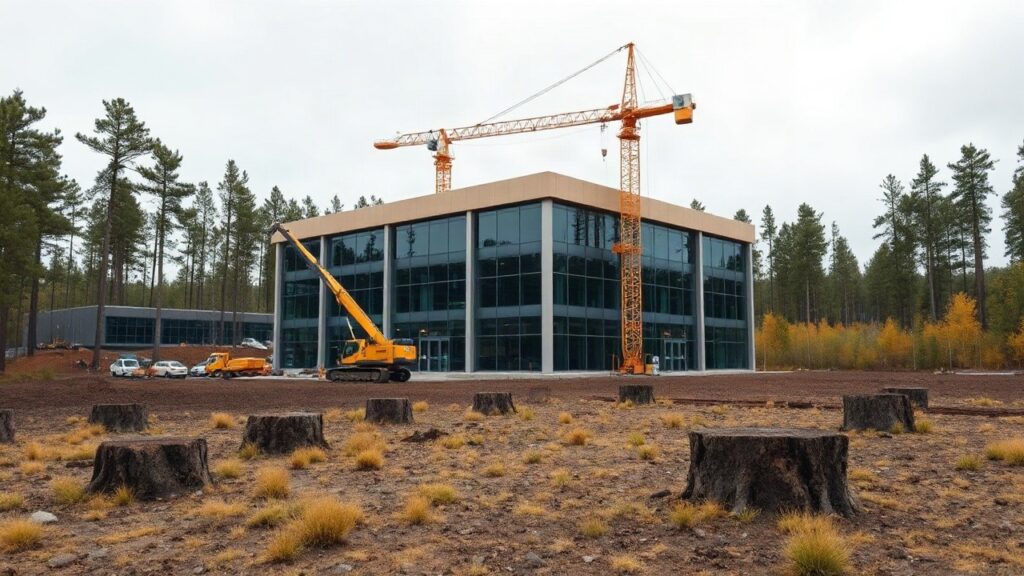 Ein Google-Rechenzentrum in Finnland steht inmitten gerodeter Waldflächen unter bewölktem Himmel – Symbolbild, KI-erzeugt