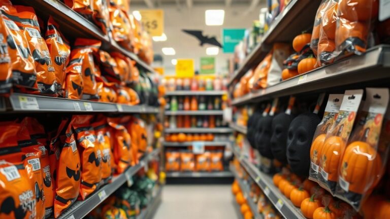 Ein Supermarktregal mit Halloween-Süßigkeiten, Kostümzubehör und Deko zeigt, wie der Umsatz zu Halloween im Handel steigt – Symbolbild, KI-erzeugt