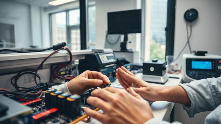 A small modern workshop or lab bench with electronic components, battery cells and testing equipment, close-up on hands assembling a small circuit, soft daytime light through a win – Symbolbild, KI-erzeugt
