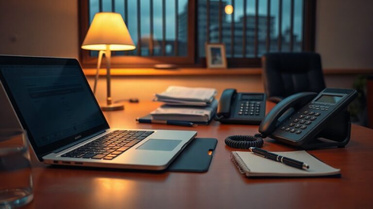 A tidy office desk at dusk with a closed laptop, a printed binder labeled with tabs, a landline phone and a notepad with a pen, warm lamp light, no people, no text visible on docum – Symbolbild, KI-erzeugt