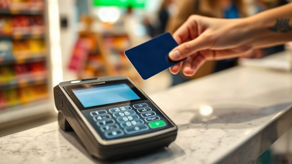 Nahaufnahme eines Zahlungsterminals, an dem eine Bankkarte für die Kartenzahlung gehalten wird – Symbolbild, KI-erzeugt