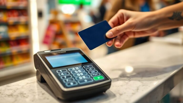 Nahaufnahme eines Zahlungsterminals, an dem eine Bankkarte für die Kartenzahlung gehalten wird – Symbolbild, KI-erzeugt