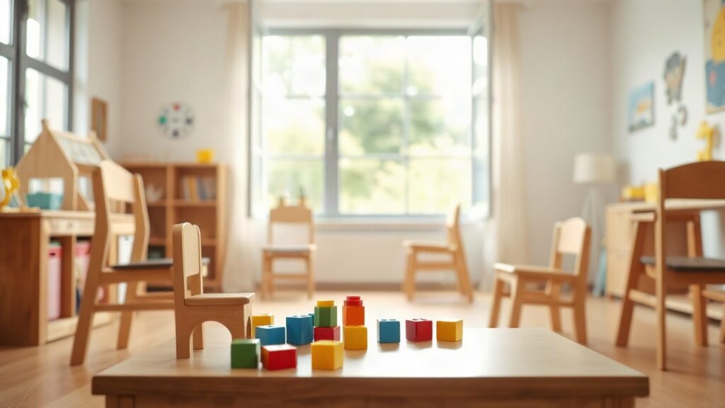 Kinderbetreuung Ausbau: leerer, heller Gruppenraum einer Kindertagesstätte mit Spielzeug auf einem niedrigen Tisch – Symbolbild, KI-erzeugt