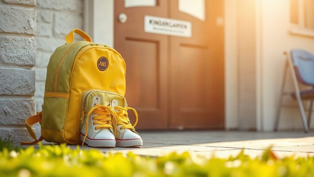 Kinderrucksack und Schuhe vor einer Kindergartentür symbolisieren die Kindergarten-Anmeldung in Wien – Symbolbild, KI-erzeugt