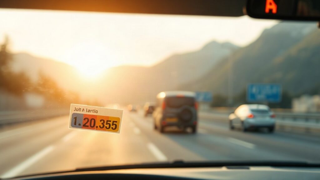 Nahaufnahme einer Autobahnvignette an einer Windschutzscheibe verdeutlicht den steigenden Klimaticket Preis und die teurere Vignette ab 2027 – Symbolbild, KI-erzeugt