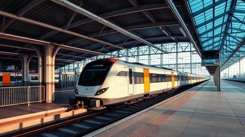 Ein Regionalzug hält frühmorgens am neuen Bahnsteig für die Flughafen Graz Bahn-Verbindung – Symbolbild, KI-erzeugt