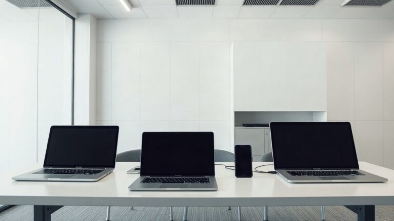 Mehrere vernetzte Laptops und Smartphones auf einem Schreibtisch symbolisieren die Hybrid-KI-Strategie, die Lenovo zur CES 2027 vorstellt – Symbolbild, KI-erzeugt
