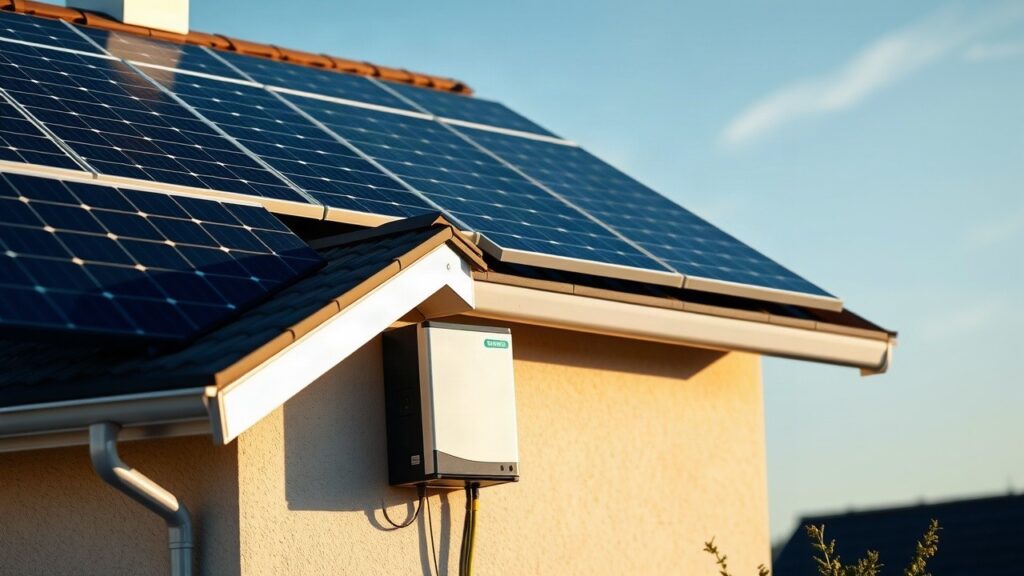 Nahaufnahme einer Photovoltaikanlage mit Stromspeicher an einem Einfamilienhaus, die von der aktuellen PV-Förderung profitieren könnte – Symbolbild, KI-erzeugt