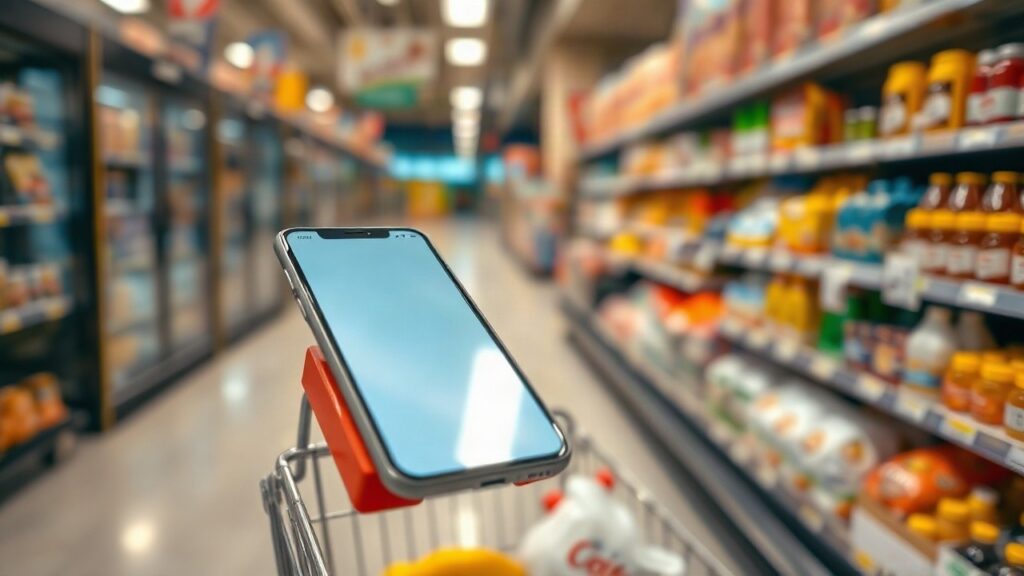 Ein Einkaufswagen an der Supermarktkasse mit Smartphone, auf dem symbolisch das Sammeln von Lidl Punkten dargestellt wird – Symbolbild, KI-erzeugt