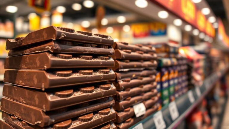 Schokoladentafeln liegen dicht gestapelt im Supermarktregal, während beim Hersteller ein neuer Lindt-CEO die Führung übernimmt – Symbolbild, KI-erzeugt