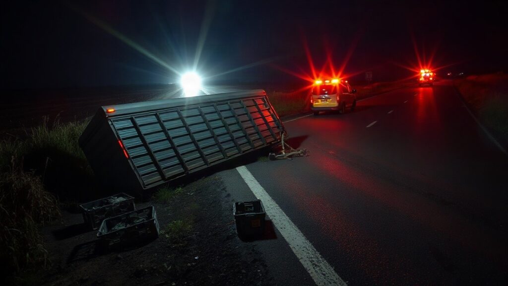 Ein umgekippter LKW-Anhänger liegt nach dem Unfall mit Hühnern im Straßengraben, im Hintergrund leuchten Blaulichter der Feuerwehr – Symbolbild, KI-erzeugt