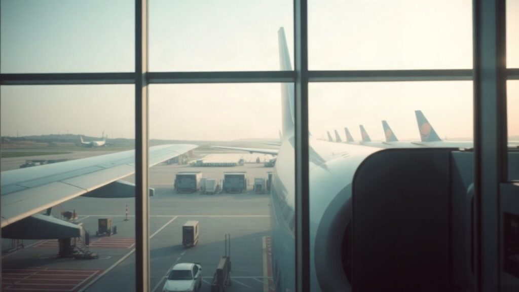 Ein Flugzeugflügel ist durch eine Terminalscheibe zu sehen, Symbolbild für den Lufthansa Riad Flugausfall – Symbolbild, KI-erzeugt
