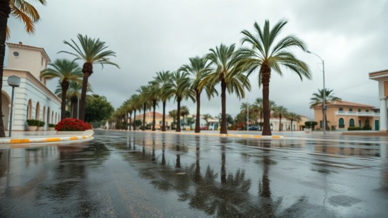 Überflutete Straße mit Palmen auf Mallorca während der höchsten Unwetterwarnung mit grauem Sturmhimmel – Symbolbild, KI-erzeugt