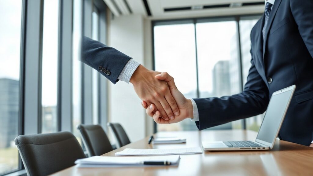 A modern office meeting room, close-up of two anonymous people shaking hands over a desk with documents and a laptop, soft daylight through large windows, no logos, no visible face – Symbolbild, KI-erzeugt