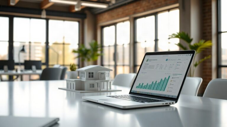 A modern office desk at a renewable energy company with architectural solar panel model and laptop showing charts, close-up, soft daylight through large windows, no people, no text – Symbolbild, KI-erzeugt