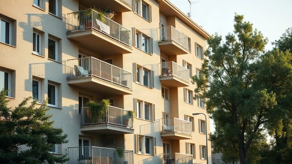 Das Bild zeigt die Fassade eines Mietshauses mit Balkonen in einer Stadt, während die Mietpreise steigen und Mieter mehr zahlen müssen – Symbolbild, KI-erzeugt