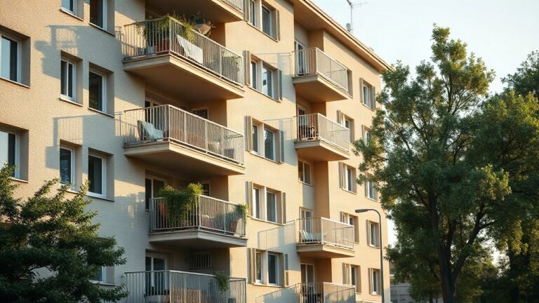 Das Bild zeigt die Fassade eines Mietshauses mit Balkonen in einer Stadt, während die Mietpreise steigen und Mieter mehr zahlen müssen – Symbolbild, KI-erzeugt