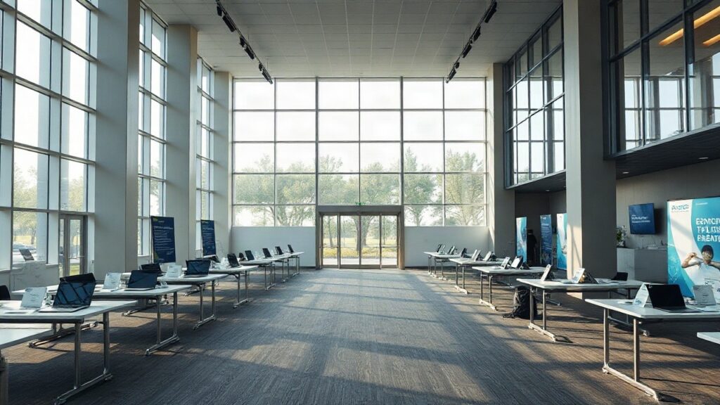 A modern conference hall entrance with registration desks and exhibitor booths set up, daylight streaming through large glass windows, laptops and brochures on tables, wide empty a – Symbolbild, KI-erzeugt