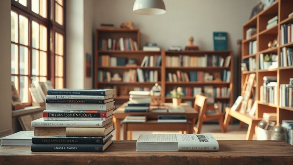 A cozy independent bookstore interior with a curated display table of ten hardcover books stacked and fanned out, warm afternoon light through a window, wooden shelves in the backg – Symbolbild, KI-erzeugt
