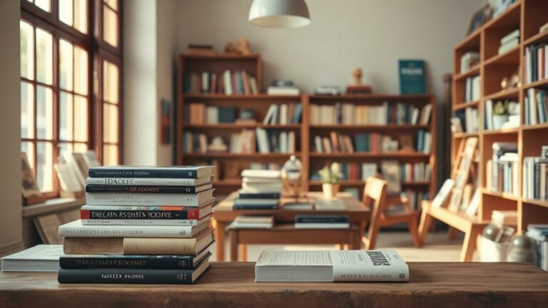 A cozy independent bookstore interior with a curated display table of ten hardcover books stacked and fanned out, warm afternoon light through a window, wooden shelves in the backg – Symbolbild, KI-erzeugt